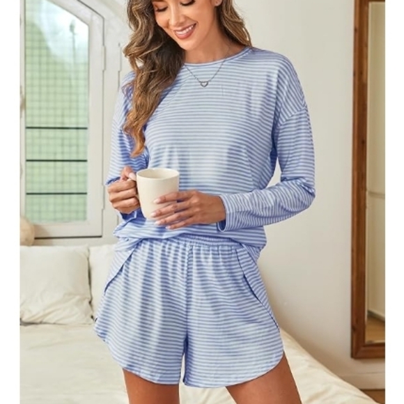 Long Sleeve Pajama Lounge Matching Set Striped Sleepwear Blue - Picture 3 of 6